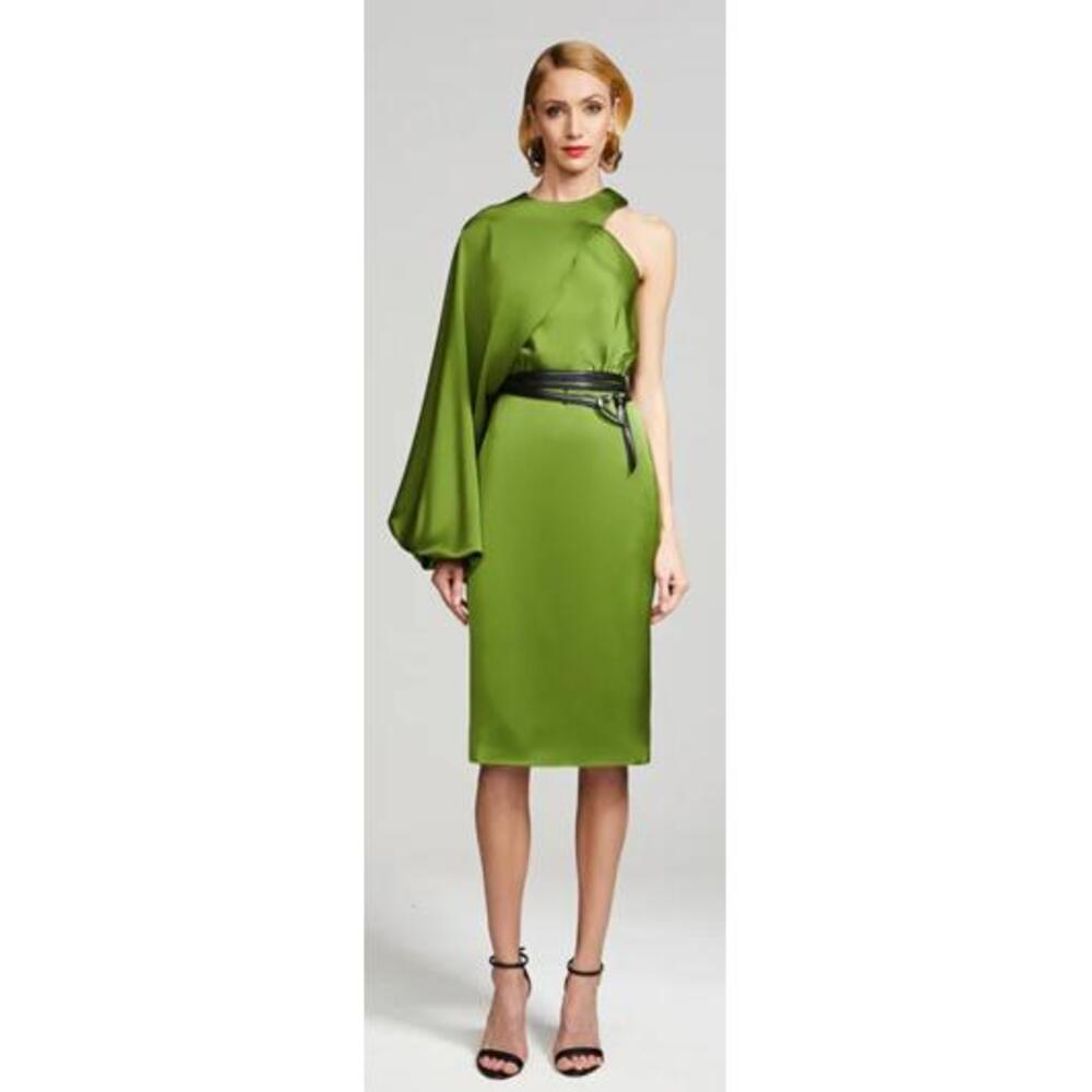 Halston Cillia Dress Womens 2 Green Satin‎ One Shoulder Long Sleeve Formal Gown